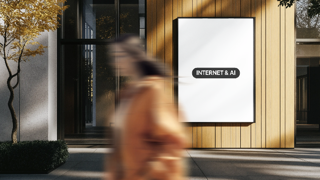 Blurred person walking with logo in background, testimonial praising Filip Dorić for creating an online presence for Internet & AI brand.